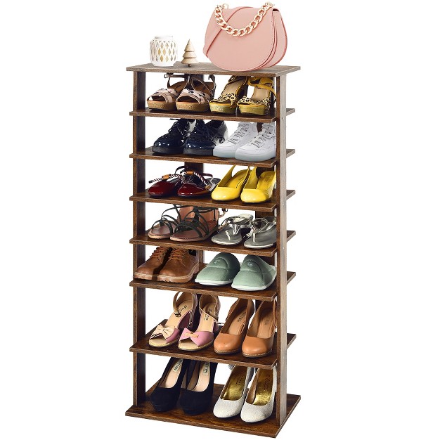 Costway Patented 7 tier Double Shoe Rack Free Standing Shelf Storage Tower Rustic Brown