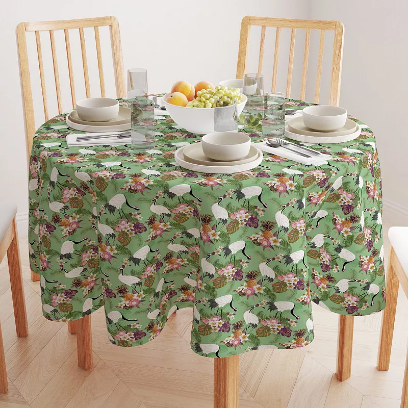 Round Tablecloth， 100% Polyester， 60 Round， Japanese Crane and Flowers