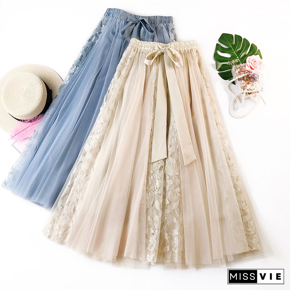 Fashion Tutu Tulle Skirt Women Long Maxi Skirt Korean Cute Bow High Waist Pleated Skirt Female School Sun Spodnica