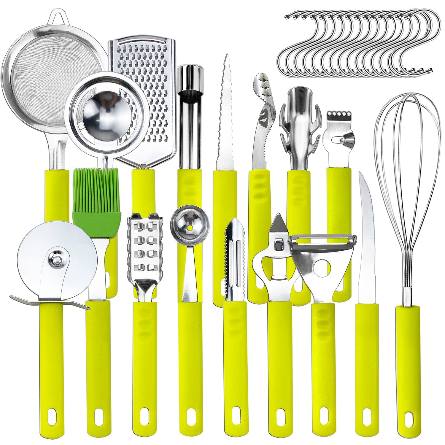 NewHome 34 Pcs Kitchen Cooking Utensils Set Stainless Steel Kitchen Gadget Tools Core Removal Potato Peeler Whisk Pizza Cutter Steak Knife Bottle Opener