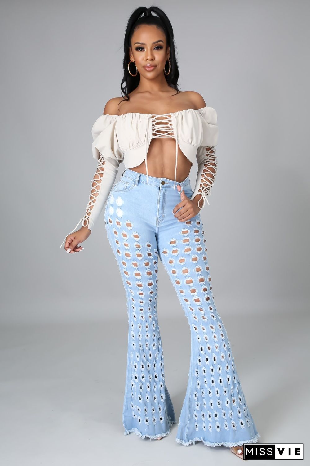 Sexy Stretch Denim Flared Pants With Ripped Holes