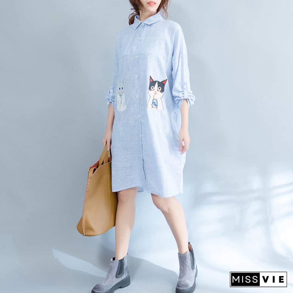 Elegant blue striped cotton knee dress Loose fitting traveling dress fine patchwork cats prints shirt dress