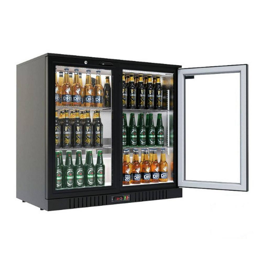 Cooler Depot 35 in. 7.4 cu. ft. 2 Glass Door Counter Height Back Bar Cooler Refrigerator with LED Lighting in Black DXXBC-230