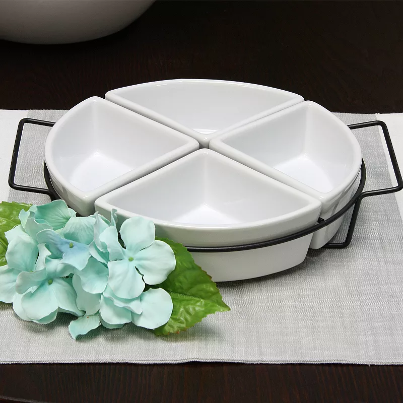 Gibson Gracious Fine Ceramic Dining Four Section Tray Set with Metal Rack in White