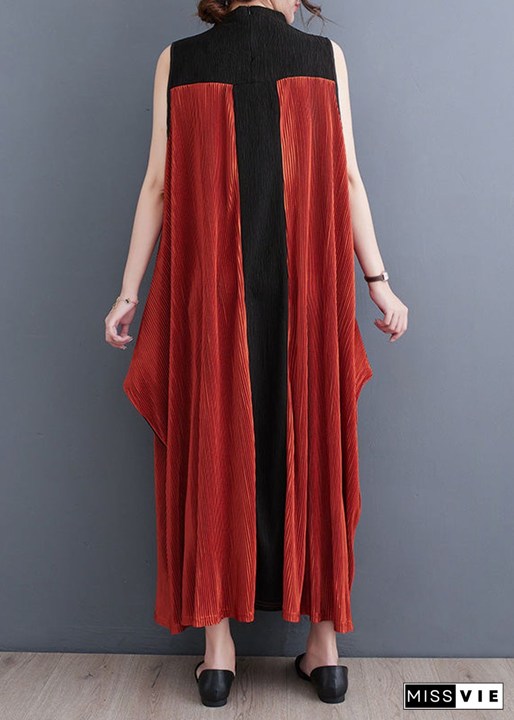 Casual Orange Turtleneck Patchwork Wrinkled Maxi Dress Sleeveless