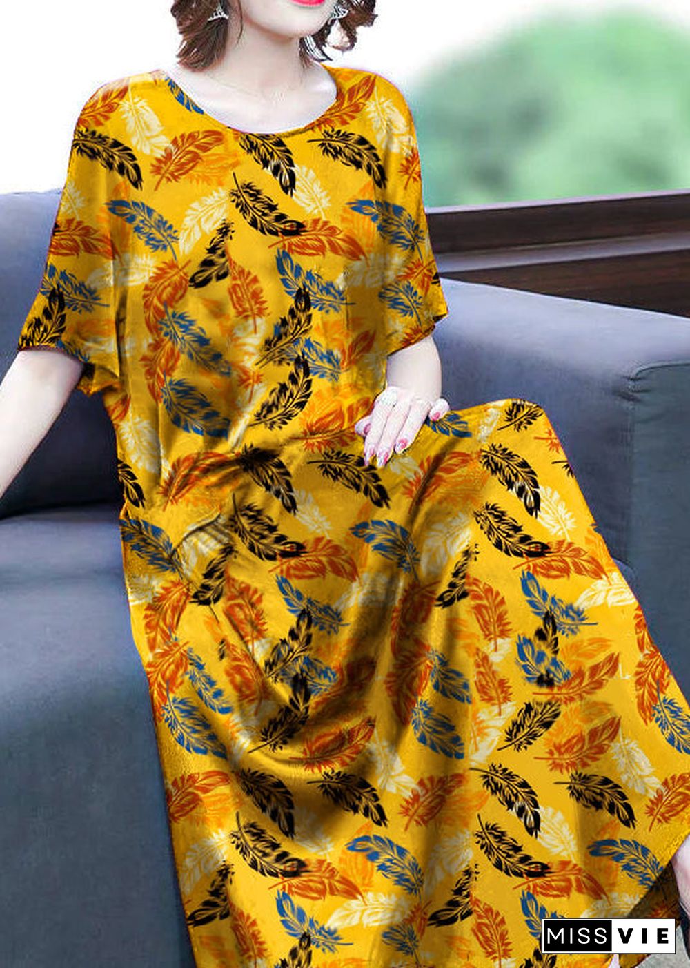 Green-Flower Print Silk Long Dress Oversized Pockets Wrinkled Summer