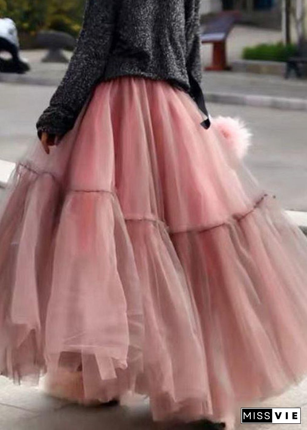 Women Grey Ruffled Tulle Cinched Circle Fall Skirt