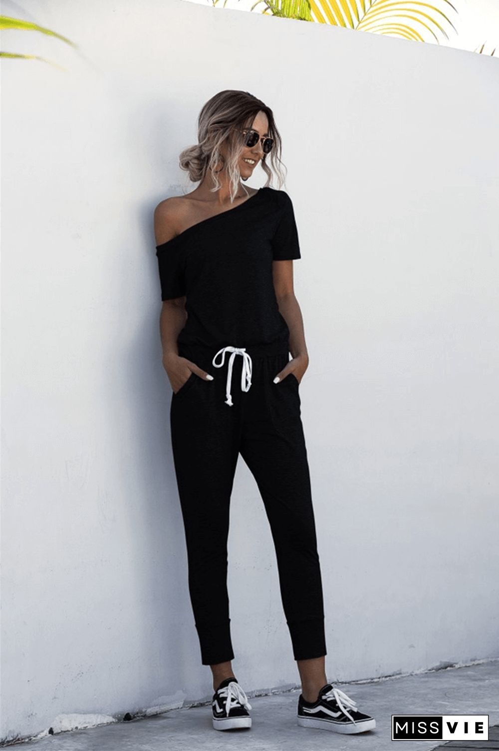 Fashion Off The Shoulder Solid Color Jumpsuit