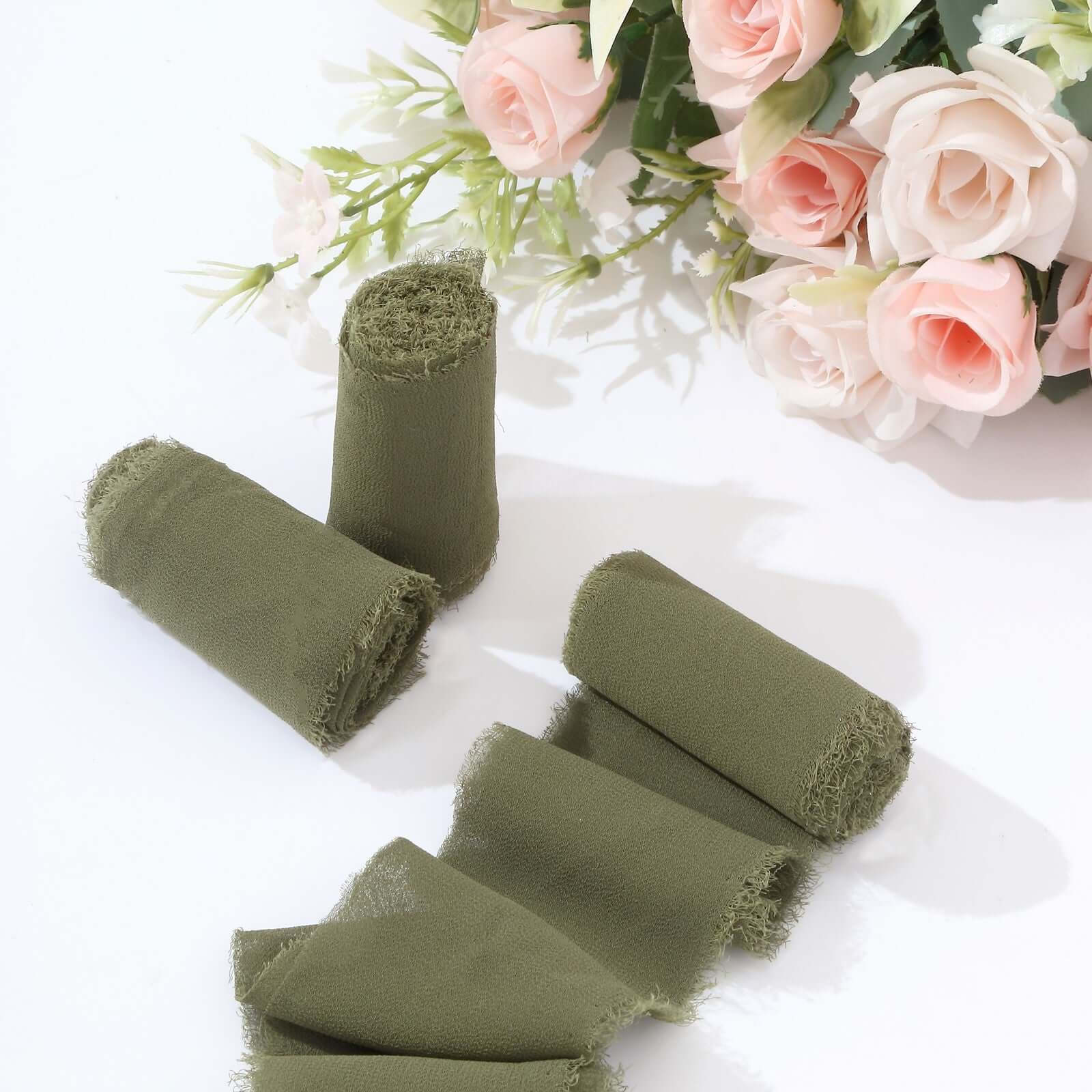 2 Pack Dusty Sage Green Silk-Like Chiffon Linen Ribbon Roll For Bouquets, Wedding Invitations Gift Wrapping 6yd