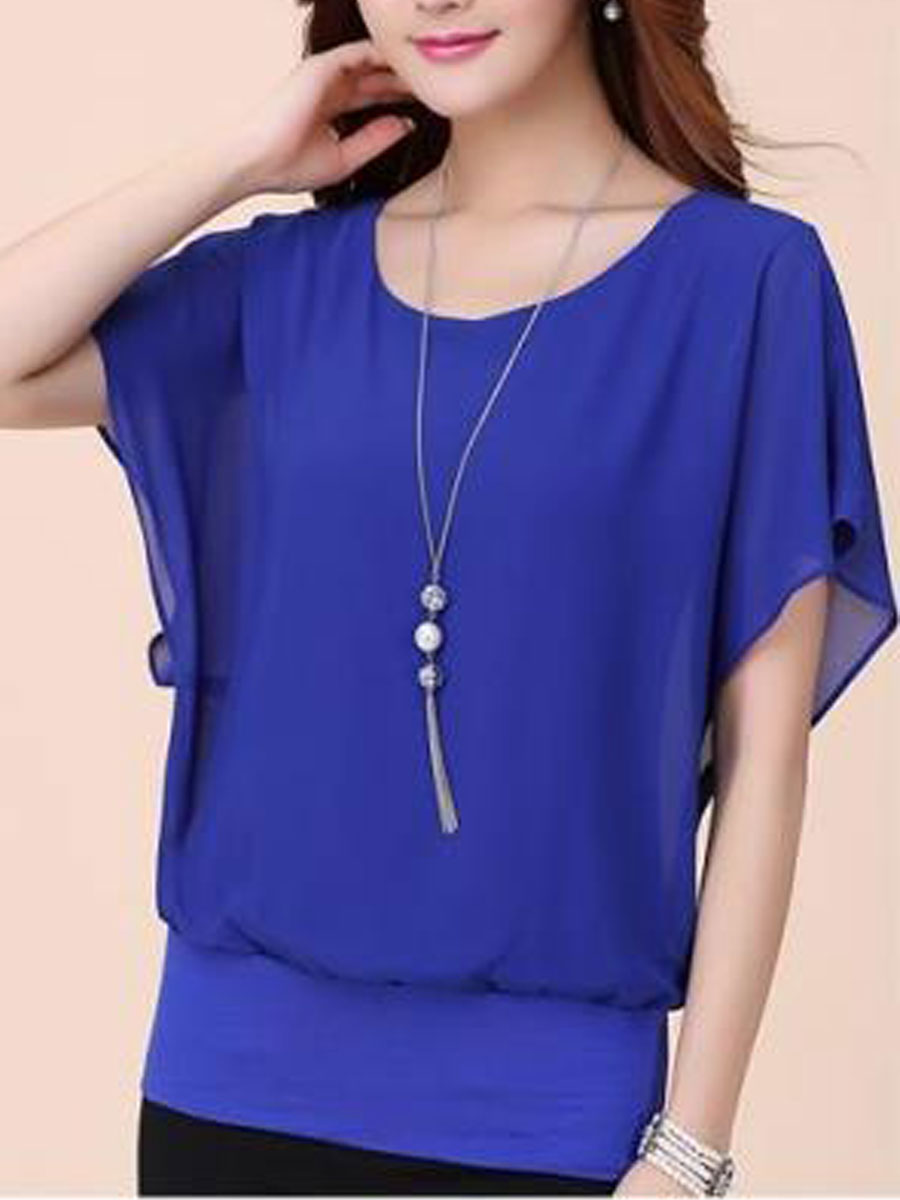 Spring Summer  Blend  Women  Crew Neck  Plain  Short Sleeve Blouses