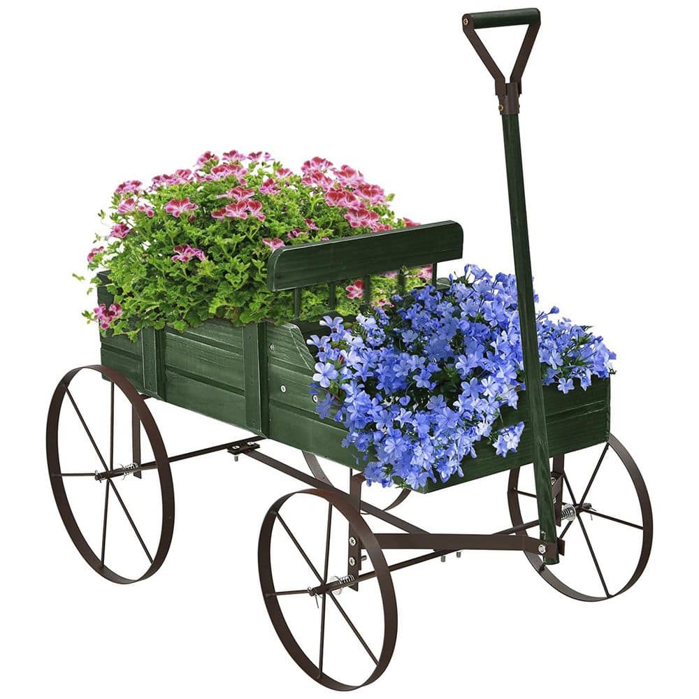 Alpulon Wooden Wagon Plant Bed in Green with Metal Wheels ZMWV540-G