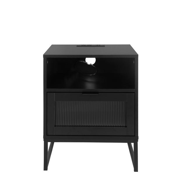 Nightstand with LED Lights Drawer， Black Bedside Table for Bedroom