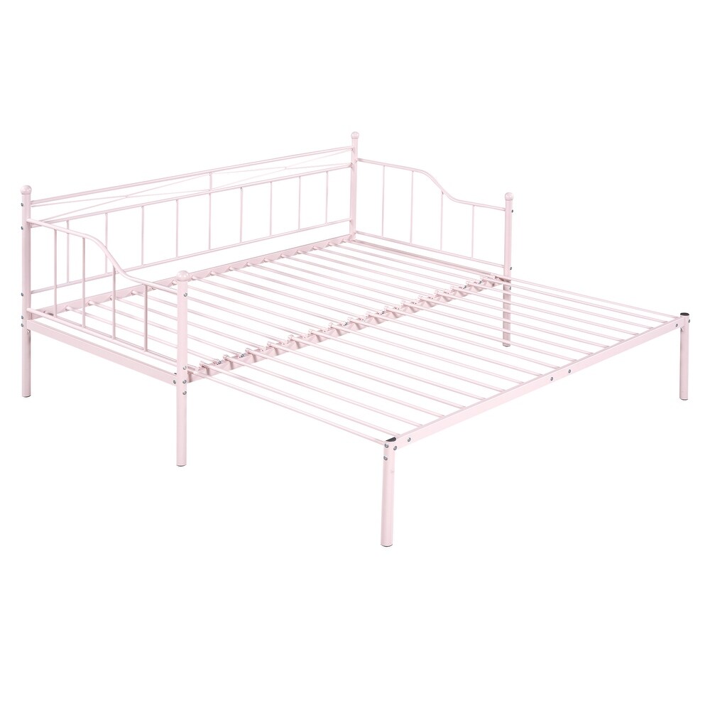 Daybed w/Pull Out Trundle  Twin Size Day Bed w/Trundle Daybed Frame Steel Slat Support Space Saving Sofa Daybeds for Kids  Pink