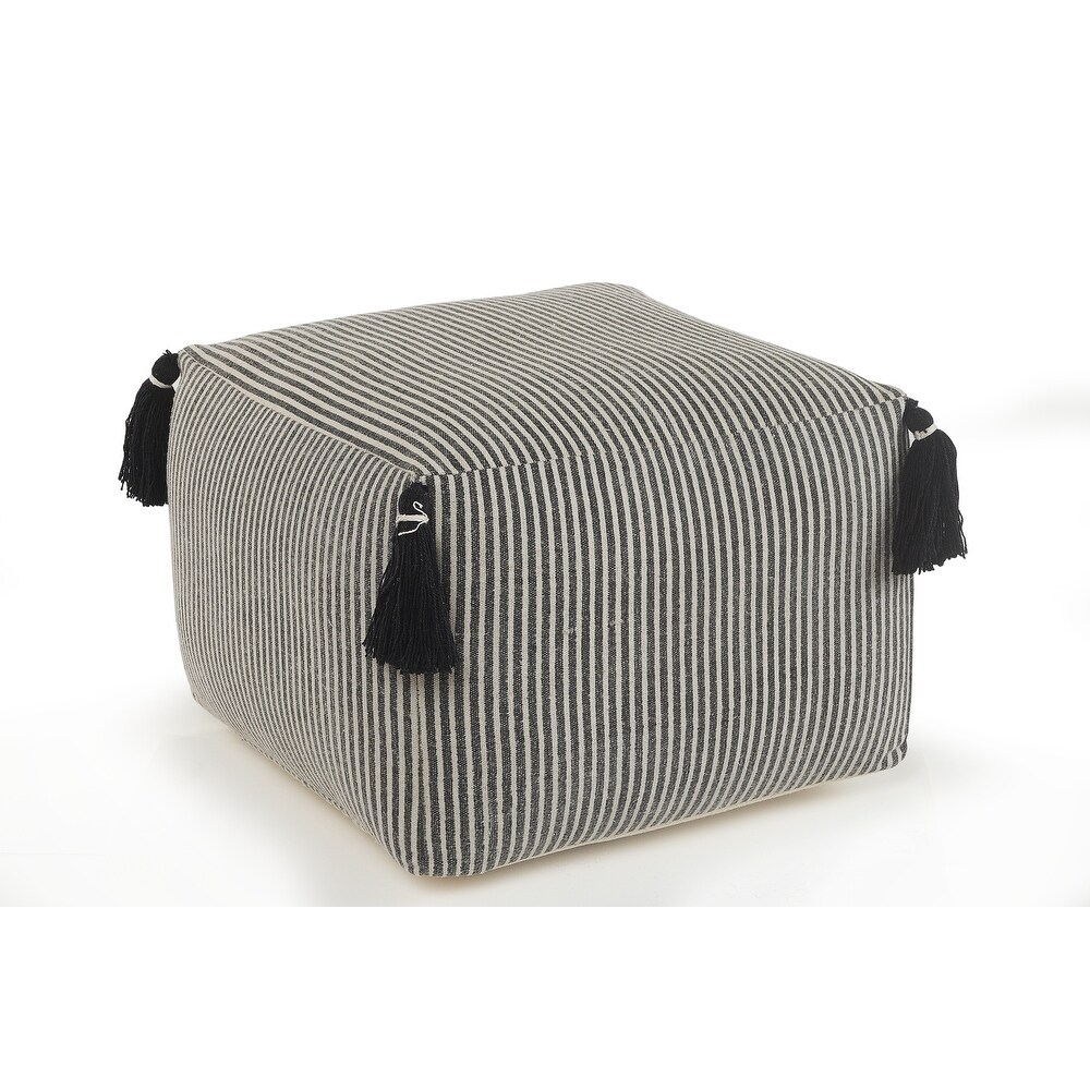 LR Home Striped Gray Pouf with Tassels