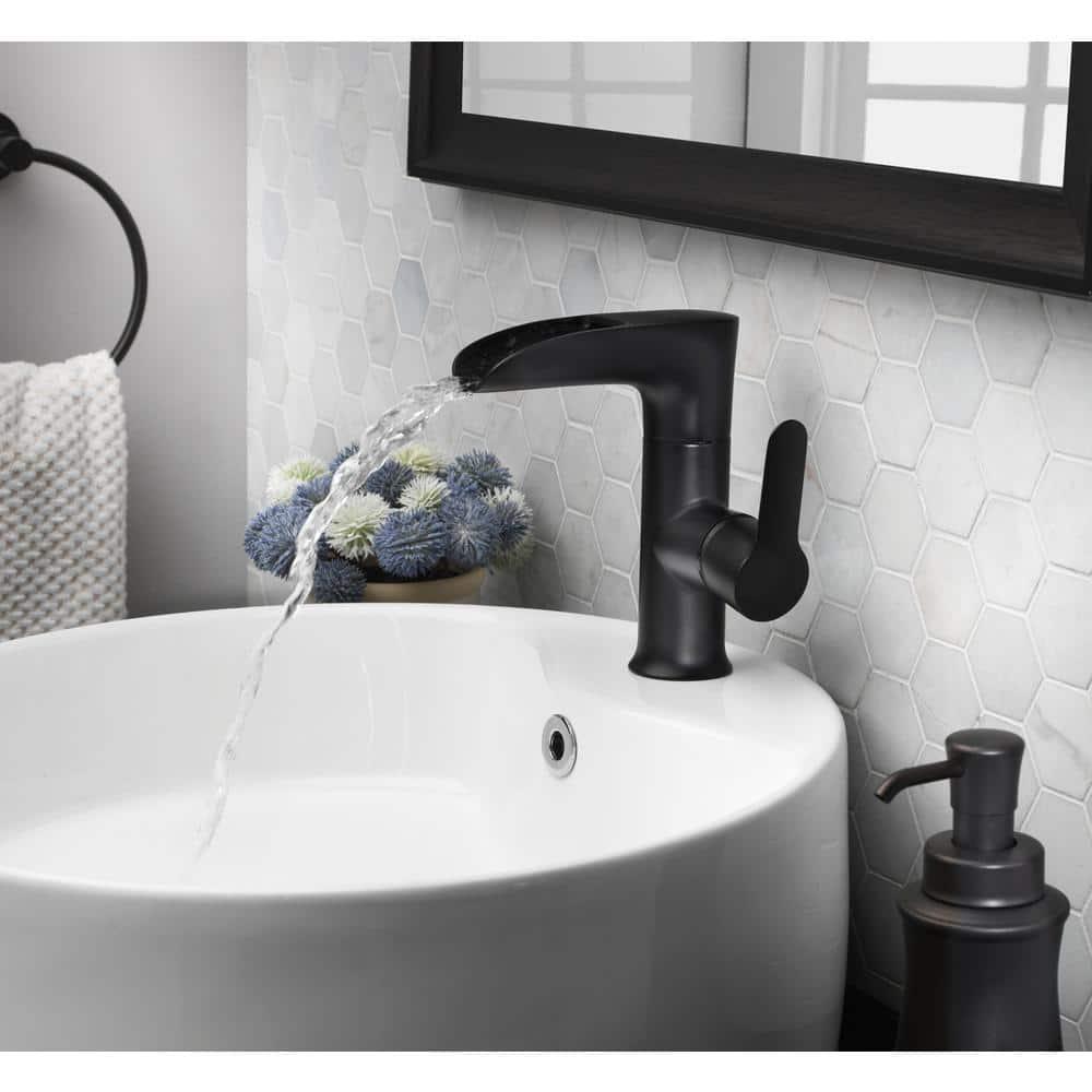 Tosca Single Hole 4 Single Slide Handle LED Bathroom Faucet with popup drain and deck plate in Matte Black