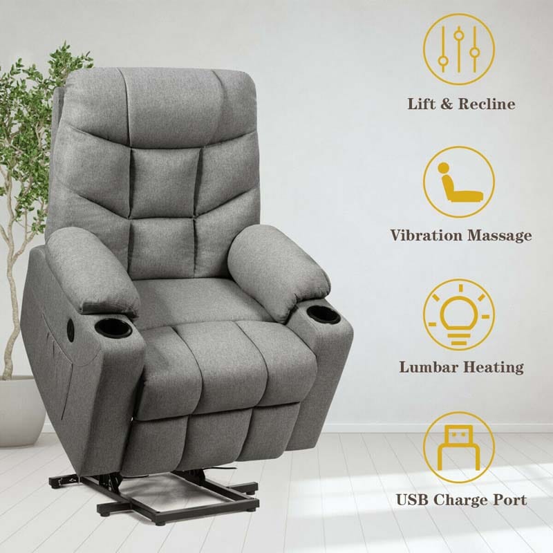 Heated Power Lift Recliner Fabric Massage Reclining Sofa, Elderly Lift Chair with 8 Point Massage, 2 Side Pockets Cup Holders, USB Port