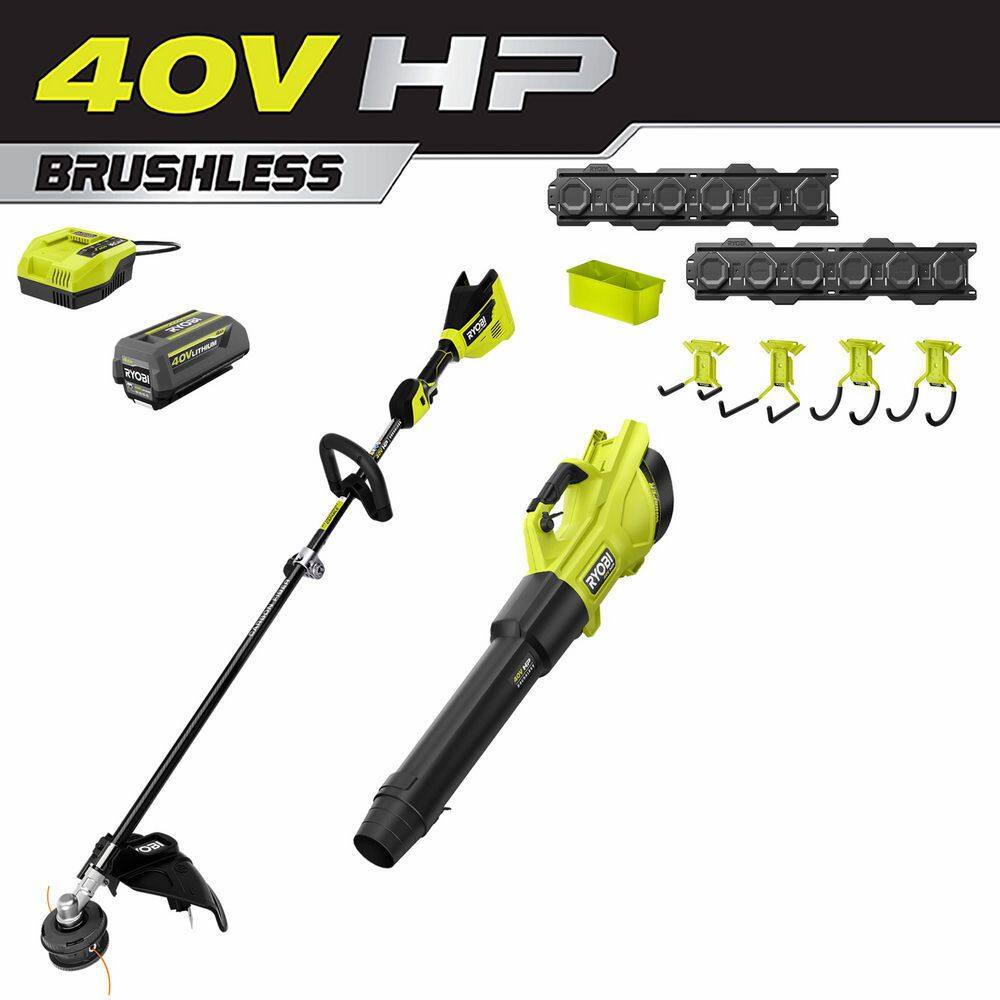 RYOBI 40V HP Brushless 600 CFM 155 MPH Blower  Carbon Fiber String Trimmer wLINK Wall Storage Kit- 4.0 Ah Battery  Charger RY40960-ST