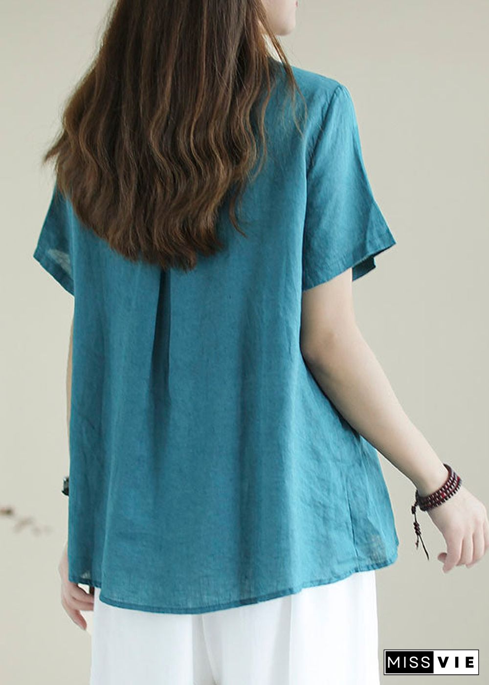 Bohemian Blue Embroideried  Shirt Top Short Sleeve