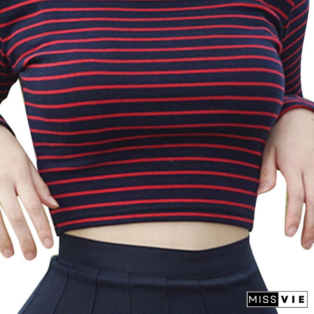 Crop Tops Women Chic All-match Classic Stripe Slim Short Bustier Crop Top Turtleneck Long Sleeved T-shirt Sexy Shirts Tee