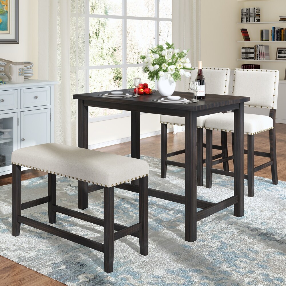 Rustic Wooden 4 Piece Counter Height Dining Table Set with Upholstered Bench