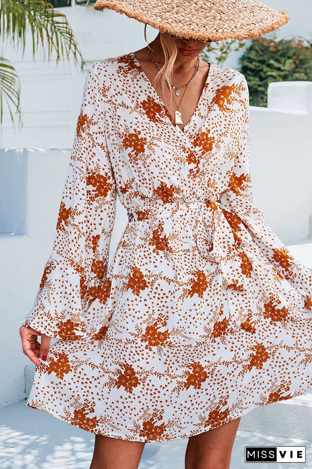 V Neck Wrap Flare Sleeves Floral Print Dress