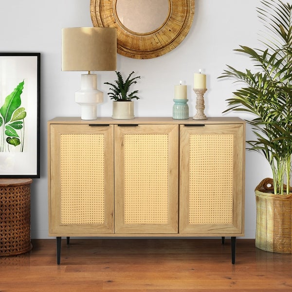 Wooden Kitchen Storage Cabinet with 3 Rattan Doors and Metal Legs