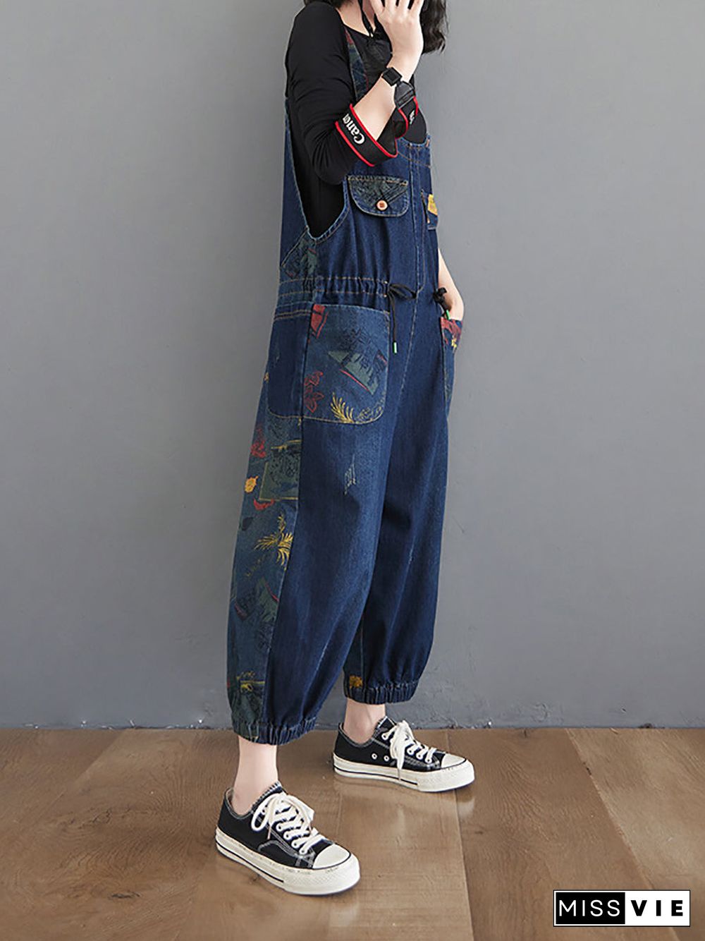 Women Casual Retro Print Pocket Loose Spliced Denim Jumpsuits