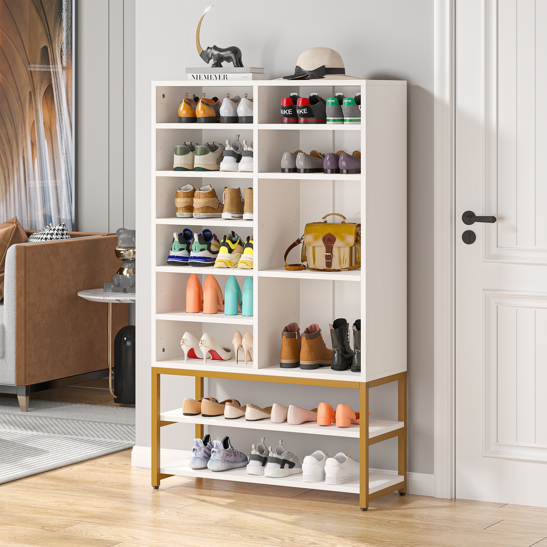 Shoe Cabinet Freestanding Shoe Rack Organizer with Storage Shelf， for Entryway， Bedroom， White and Gold - - 36983323