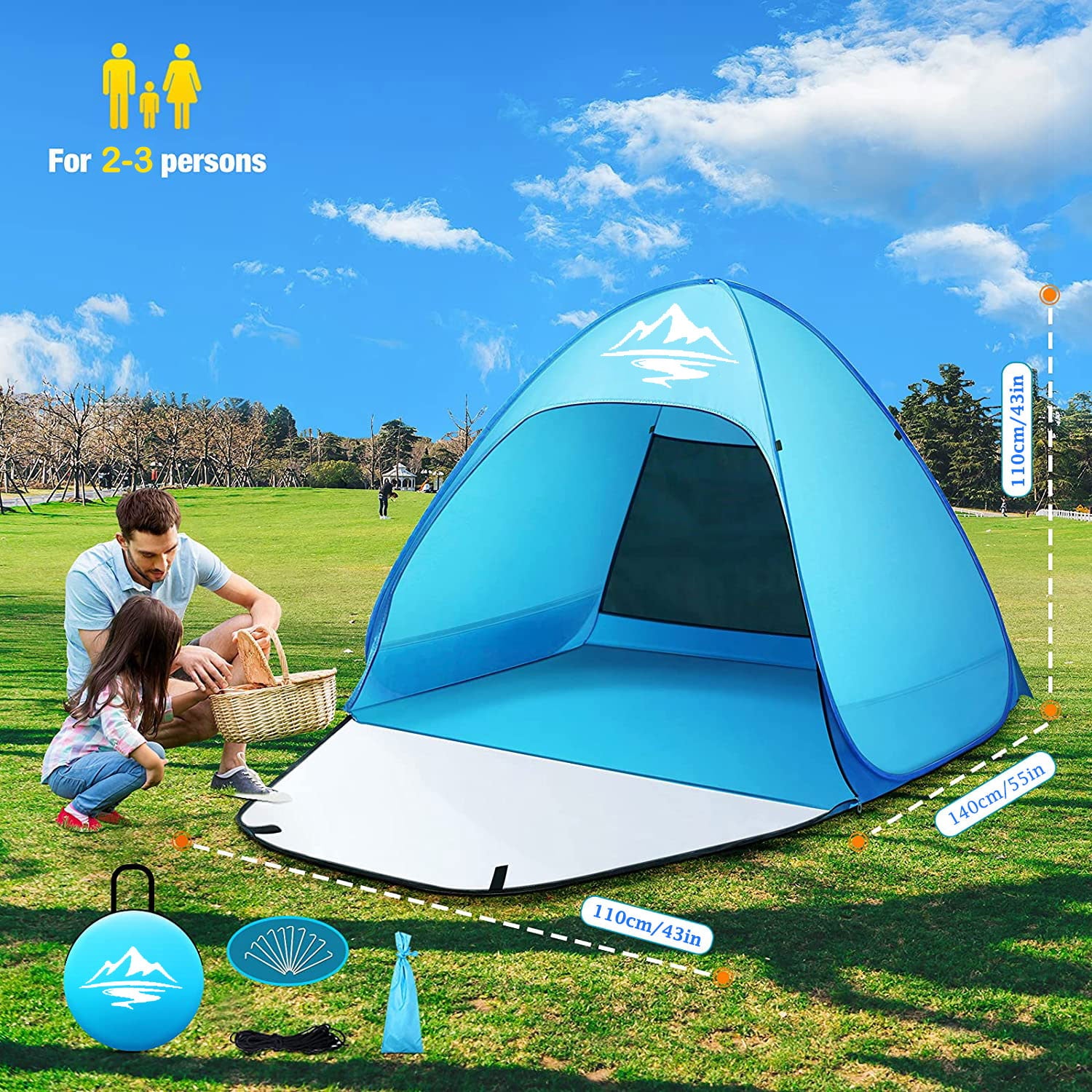 2-3 Person Pop up Beach Tent Sun Shelter UPF 50+ Anti-UV Blusmart Portable Waterproof Fishing Camping Tent W/ Carry Bag， Blue