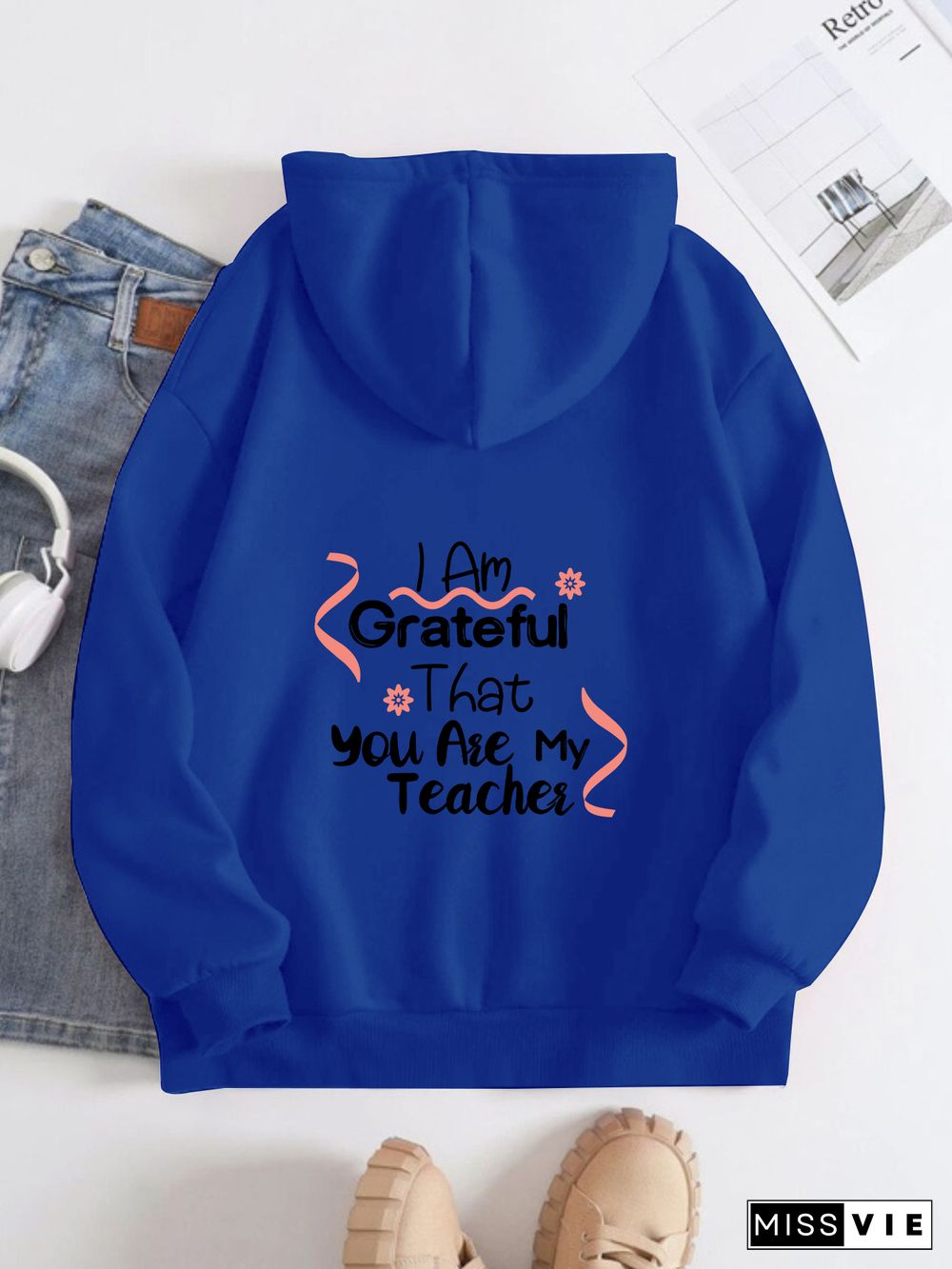 Printed on the Back Kangaroo Pocket Hoodie Long Sleeve for Women Pattern I am grateful that you are my teacher