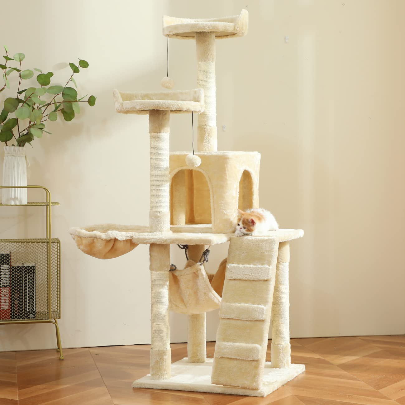 53in Cat Tree Tower Condo Furniture Scratch Post with Natural Sisal Rope, Multi-Level Cat Condo with Hammock & Cradle for Kittens, Tall Cat Climbing Stand with Plush Perch (Beige)