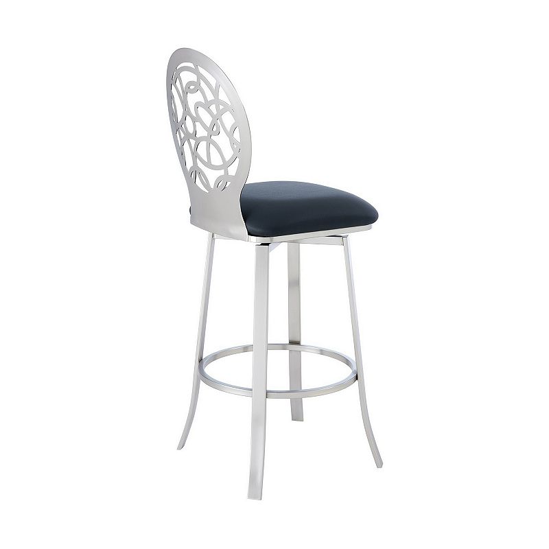 30 Inches Leatherette Barstool with Geometric Backrest， Silver