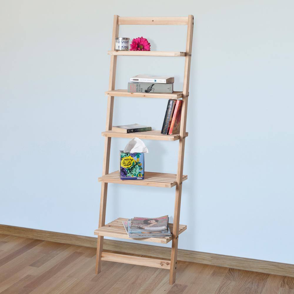 Lavish Home 51.32 in. Natural Wood 5-shelf Ladder Bookcase with Unfinished Wood W050036