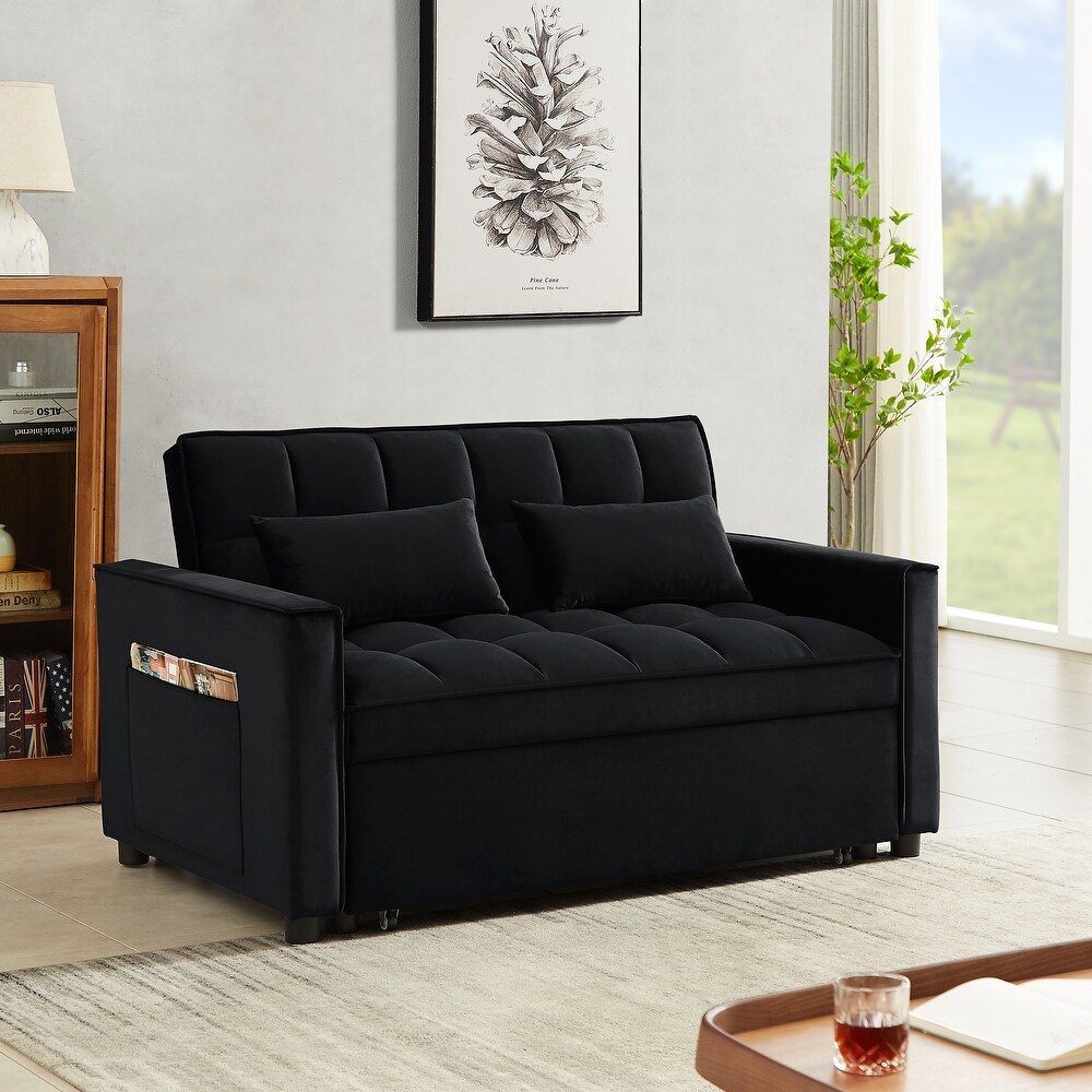 Velvet Convertible Loveseat Sleeper Sofa Couch with Adjustable Backrest  2 Seater Sofa with Pull Out Bed with 2 Lumbar Pillows