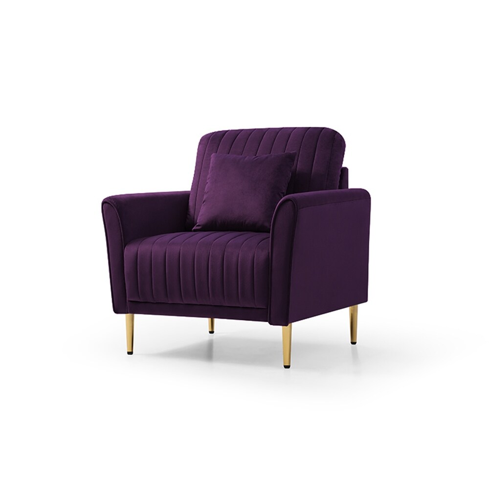 Purple Luxurious Velvet Sofa Set with Tufted Cushions (Loveseat + 2 Armchair + 4 Pillows)