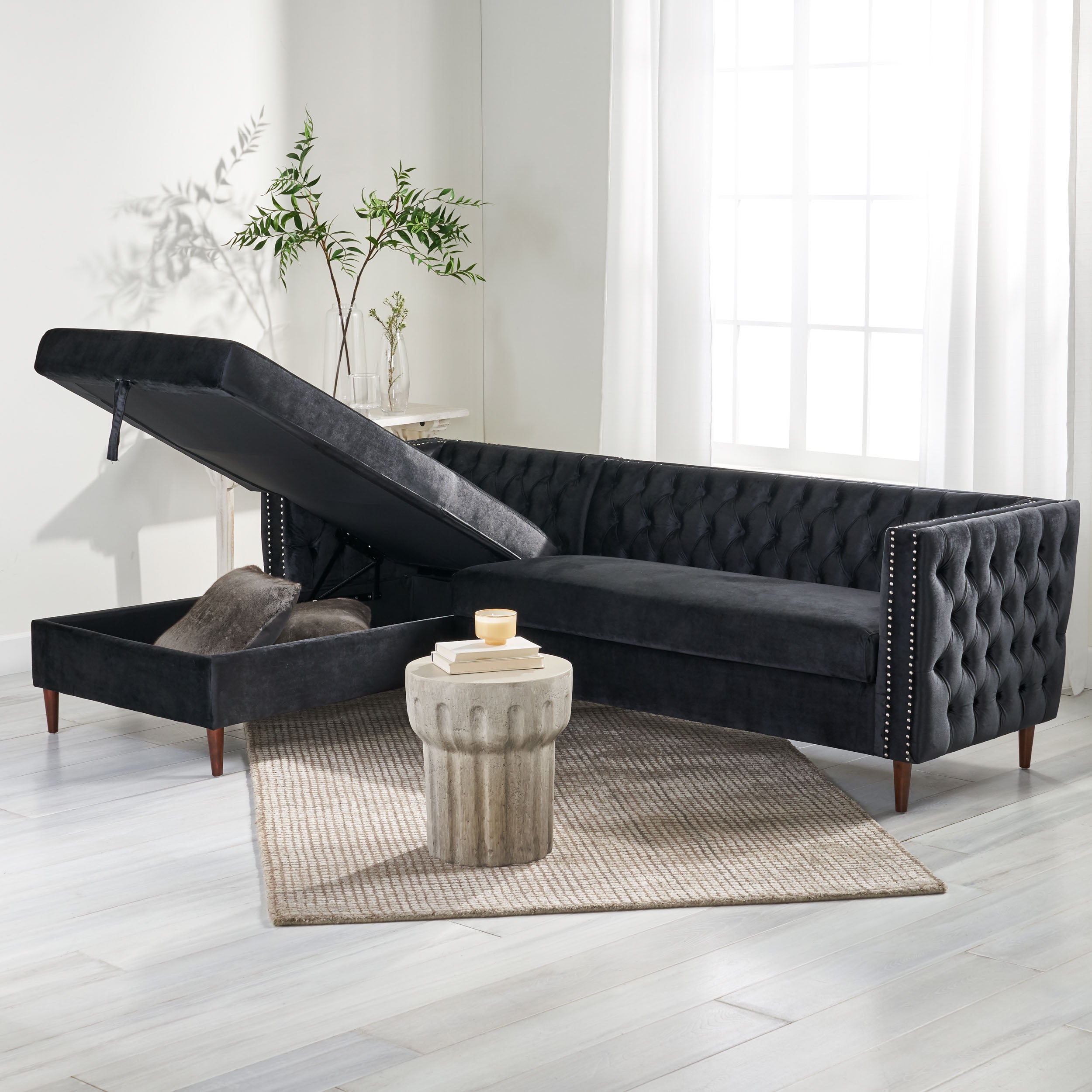 Jephthah Contemporary Tufted Velvet Sectional Sofa with Storage Chaise Lounge