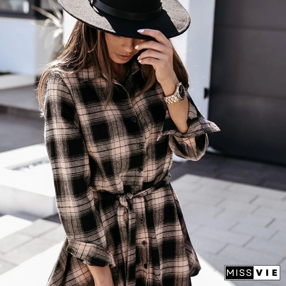 Autumn and Winter Fashion Sexy Printed Shirt Plaid Dress Skirt