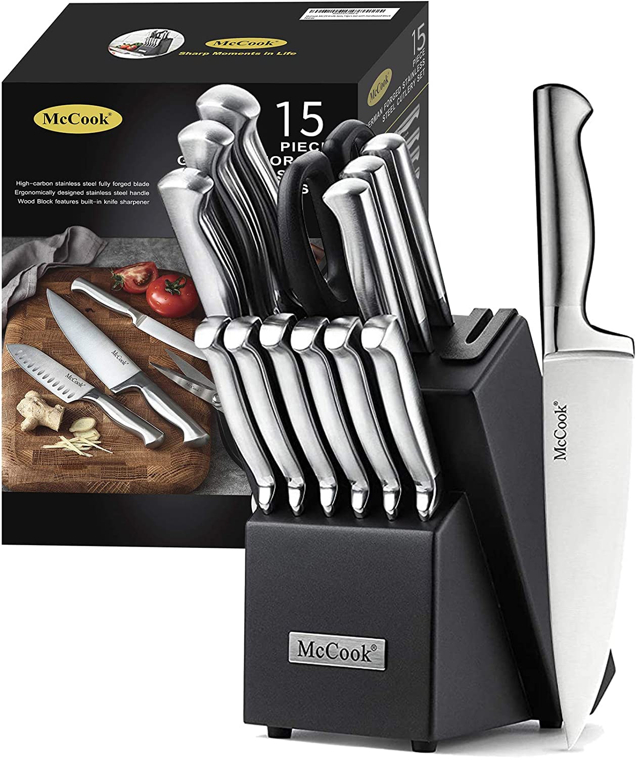 McCook® MC21 Knife Sets，15 Pieces German Stainless Steel Knife Block Sets with Built-in Sharpener