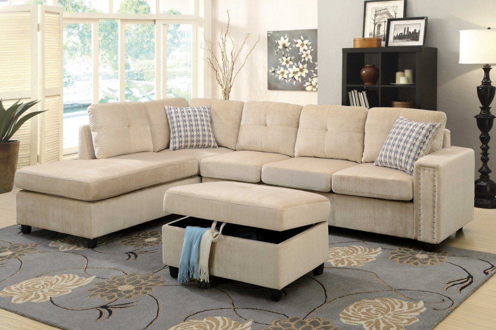 Beige Velvet Stationary L Shaped Sofa And Chaise   Transitional   Sectional Sofas   by HomeRoots  Houzz