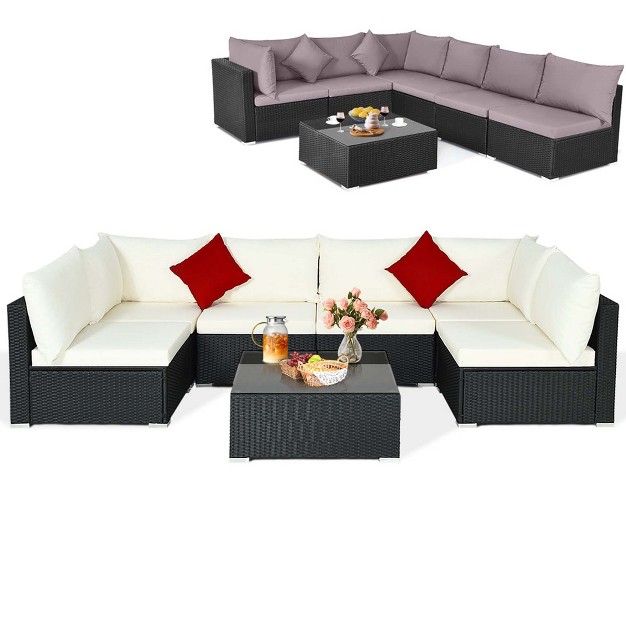 Costway 7pcs Patio Rattan Furniture Set Sectional Sofas Off White amp Grey Cushion Covers