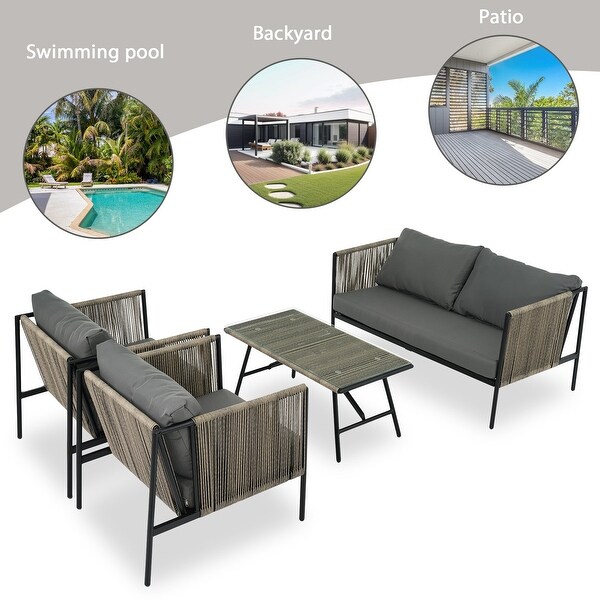 4Piece Outdoor Wicker Rope Sofa Conversation Set with Cushions，Toughened Glass Table