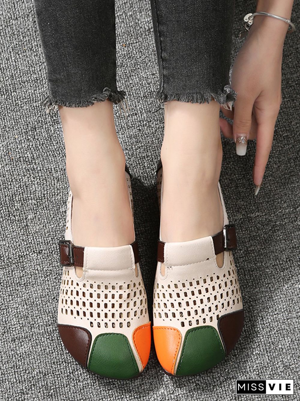 Women Vintage Color Block All Season Hollow out Daily Round Toe PU Pu Mother's Day Flats