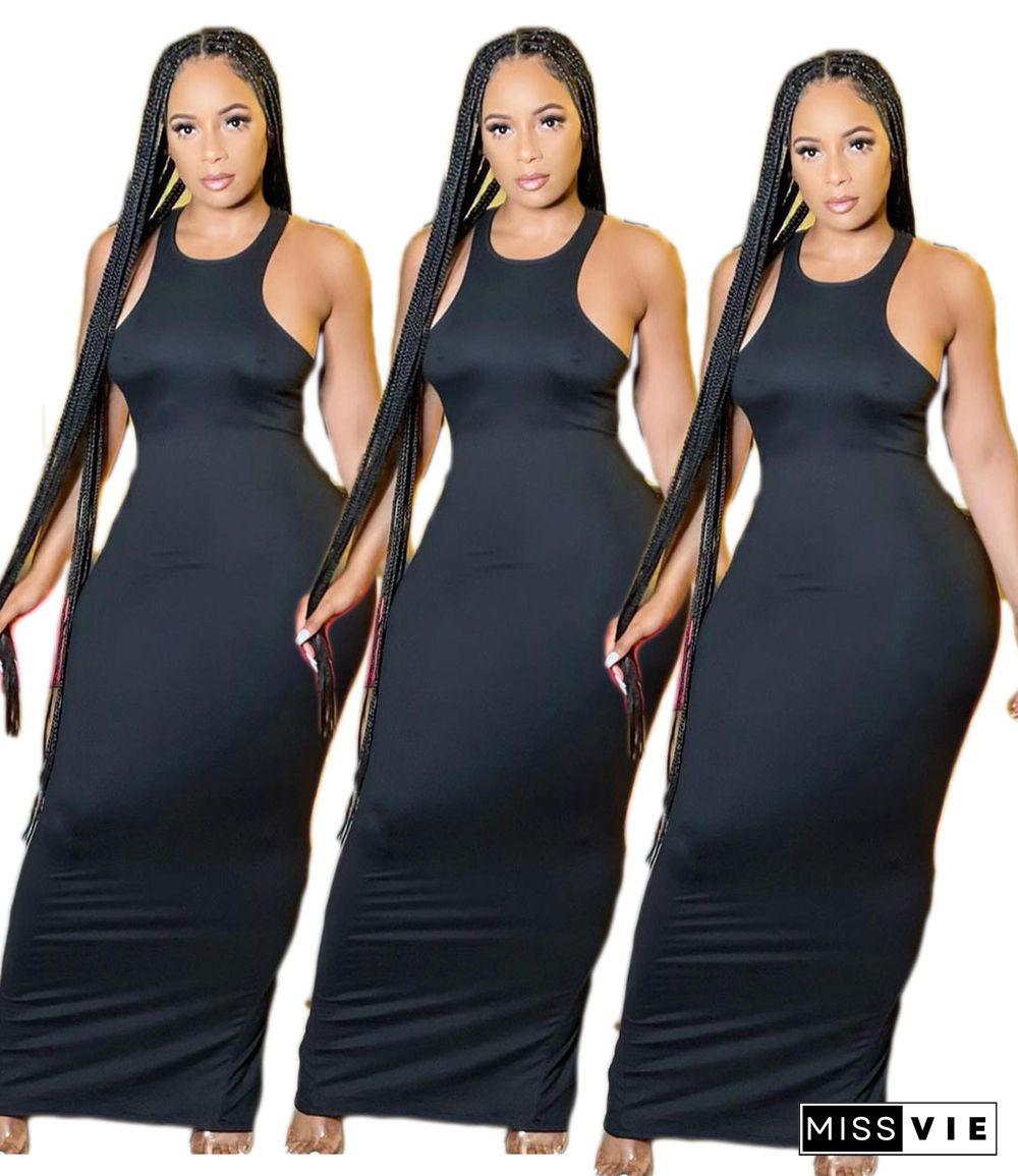 Fashion Solid Color Sleeveless O-Neck High Waist Summer Party Clubwear Outfit Bodycon Long Dress