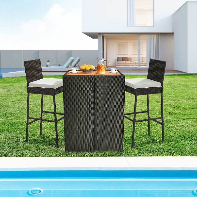 2 Pieces Patio Cushioned Wicker Barstools with Cozy Footrest