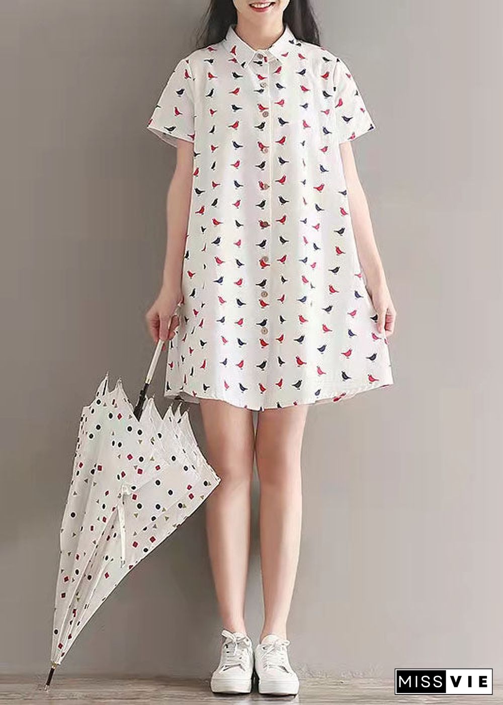 women prints linen dress casual lapel collar linen gown fine shirt dress