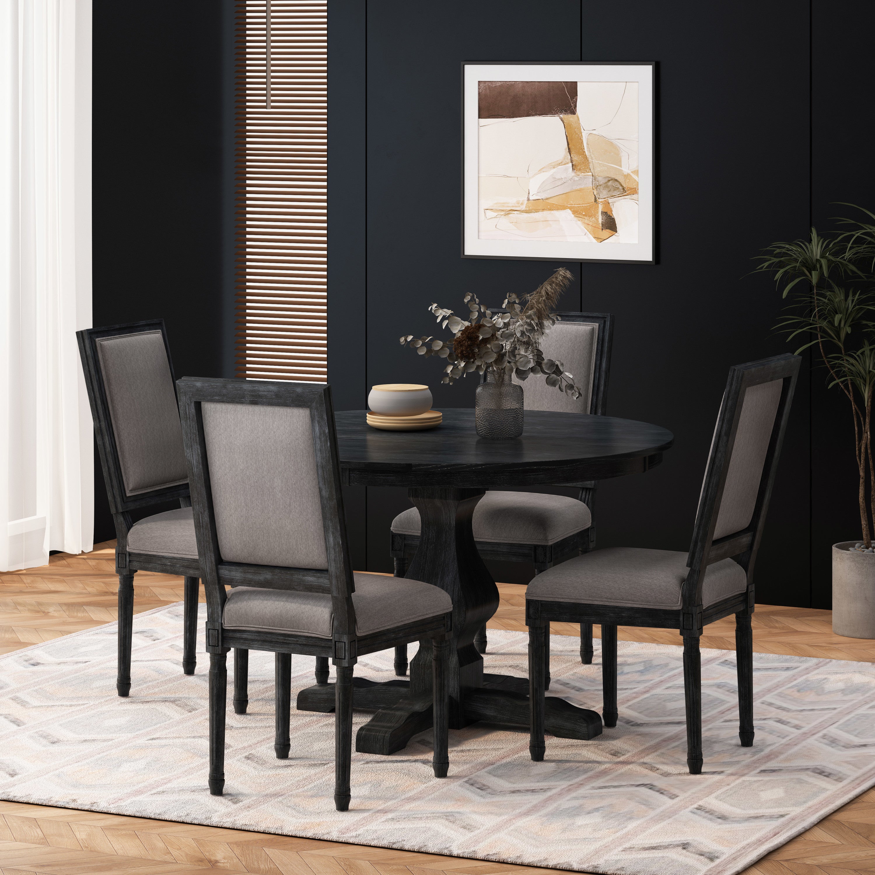 Merlene French Country Fabric Upholstered Wood 5 Piece Circular Dining Set