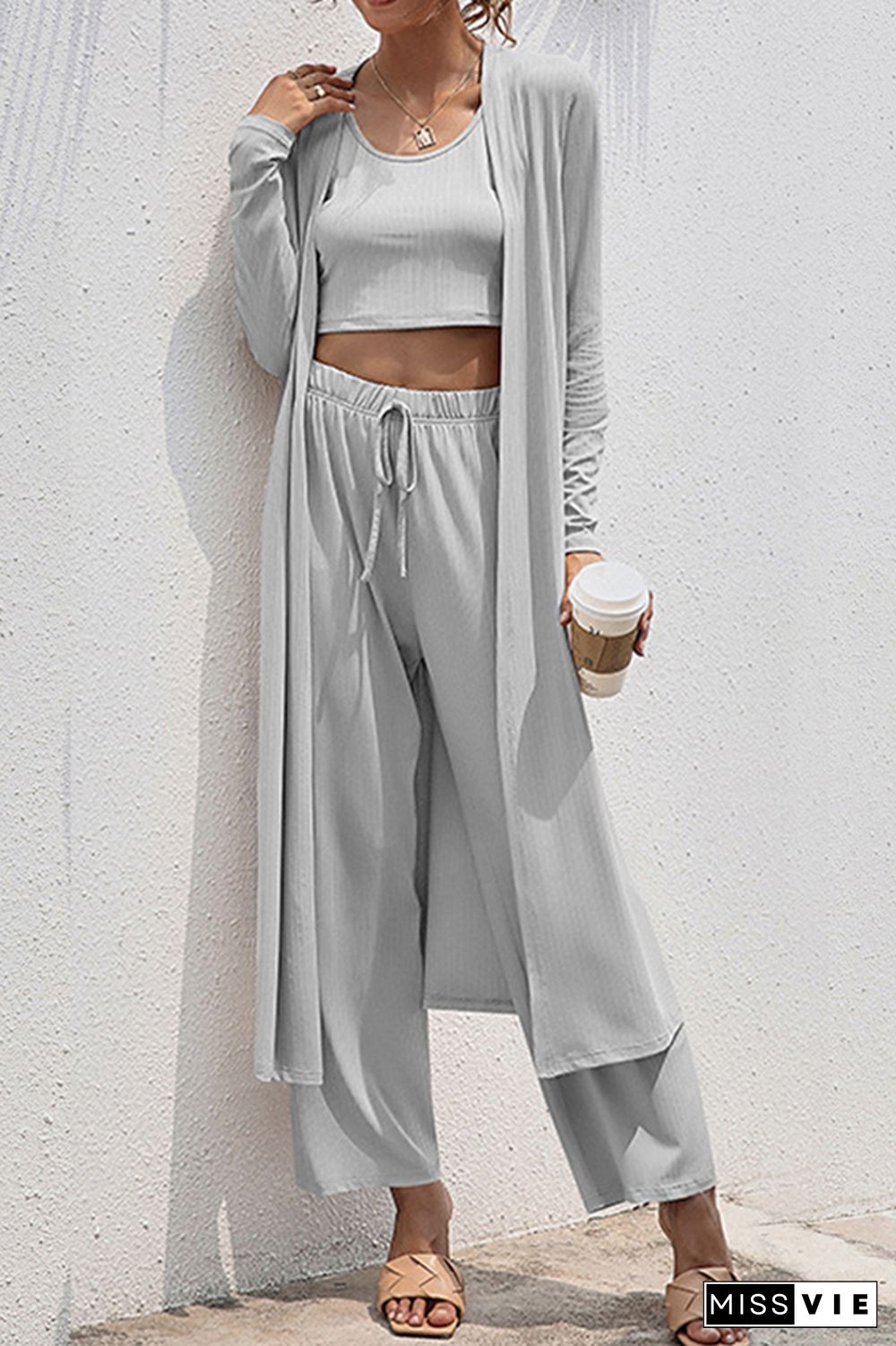 Crop Tank Top and Wide Leg Pants with Coat 3 PCS Set Wholesale