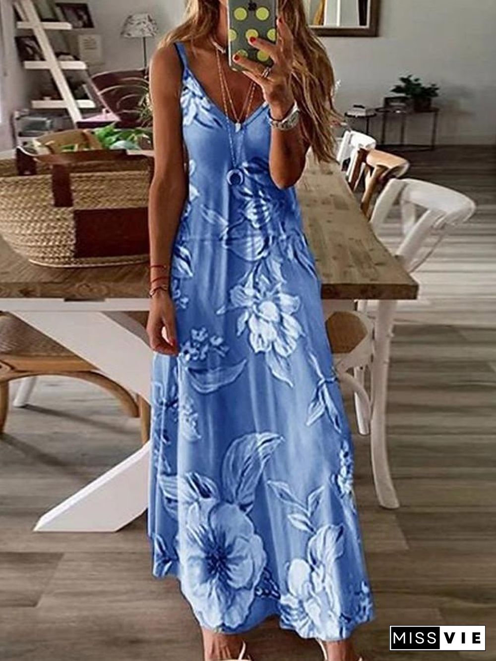 Women's Maxi long Dress - Sleeveless Floral Print Summer V Neck Hot Holiday Beach Slim  Fuchsia Sky Blue Light gray Light Green Light Blue Light Pink S M L XL XXL