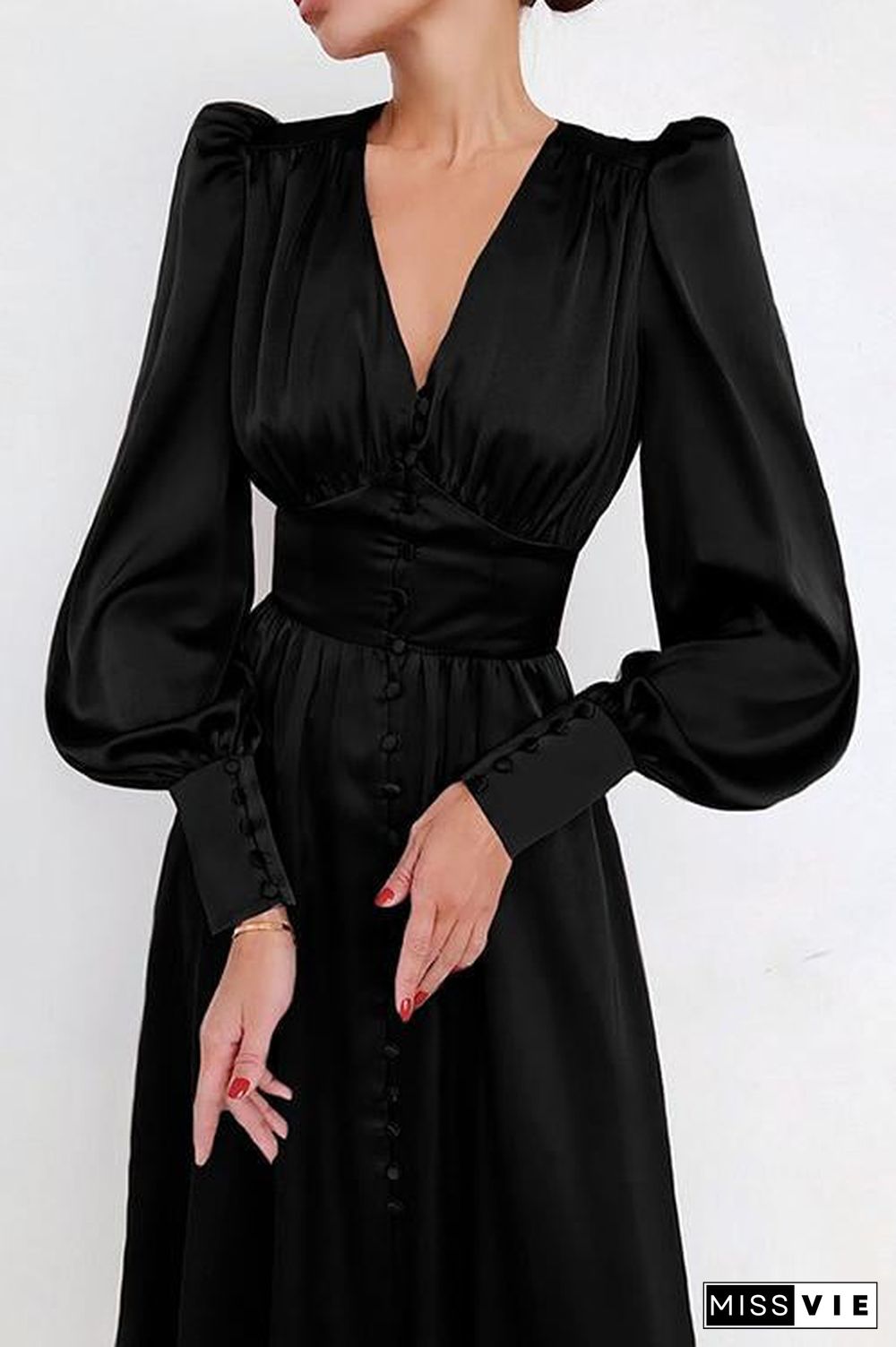 Satin Button Puff Long Sleeve Dress