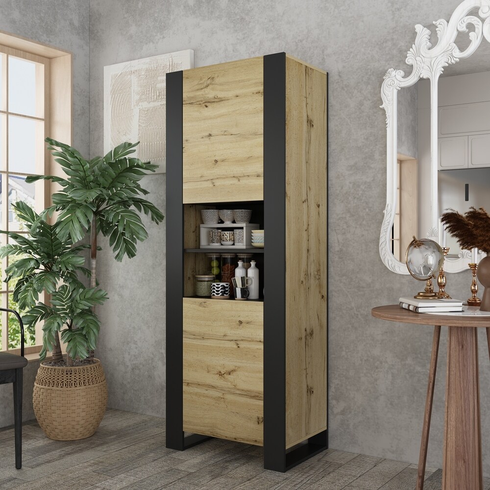 Tall Curio Storage Pantry with 5 Shelves   2 Doors (Wood + Black)   67.3\